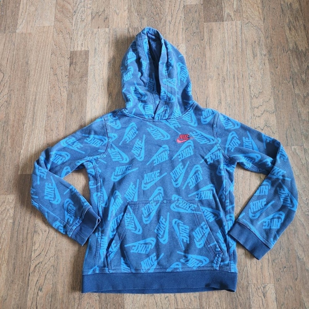 Nike Mens All Over Print Logo Hoodie Navy Blue Pullover Sweatshirt Size Med 301